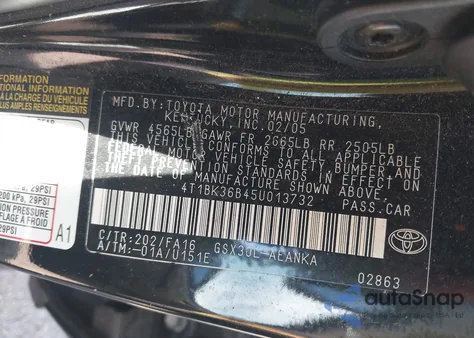 2005 Toyota Avalon Xl из США, поврежденный, VIN 4T1BK36B45U013732